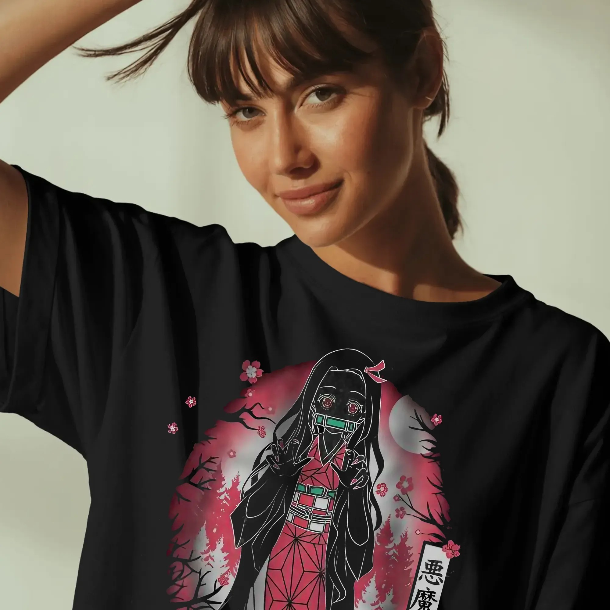 Nezuko Kimetsu no Yaiba Dark Forest Cherry Blossom Moon Scene Anime Horror Style T Shirt