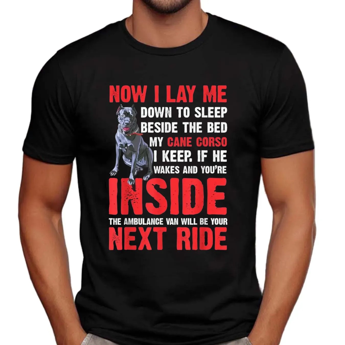 Now I Lay Me Down To Sleep Beside The Bed My Cane Corso I Keep If He Wakes And You're Inside The Ambulance Van Will Be Your Next Ride T Shirt