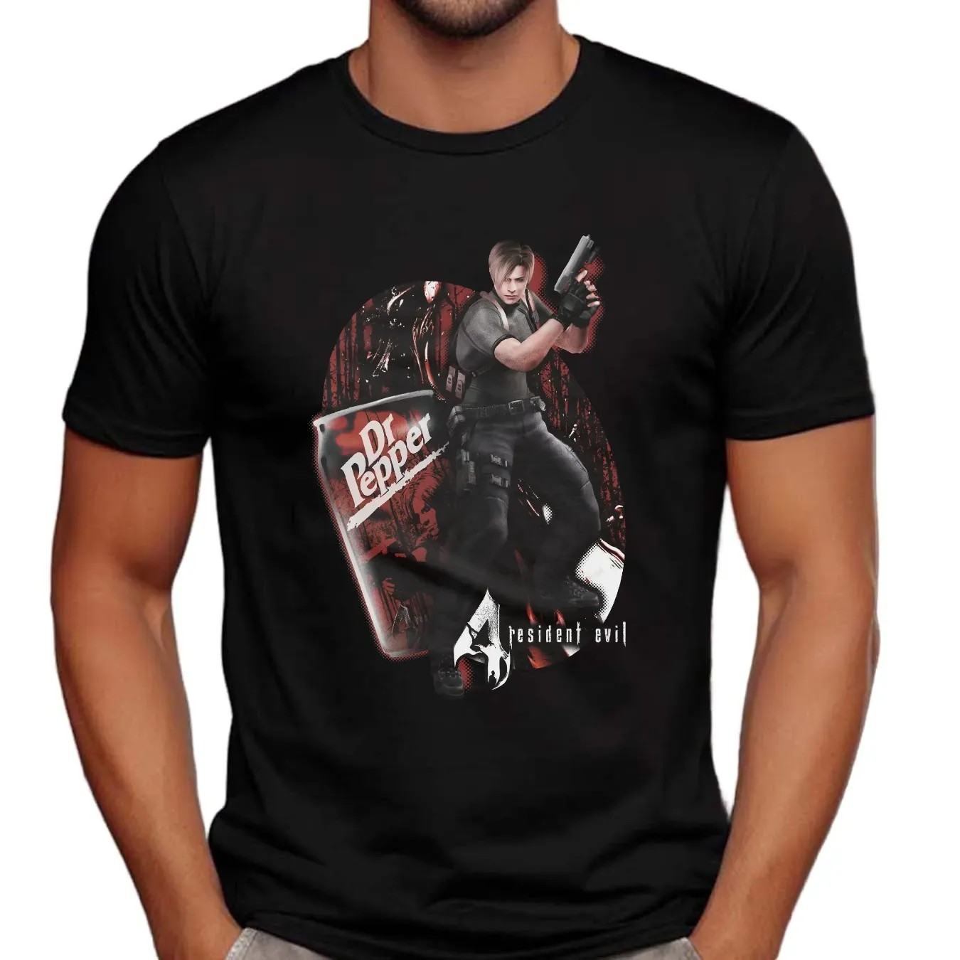 Resident Evil Leon Kennedy Dr Pepper Soft Drink Video Game Mashup T Shirt