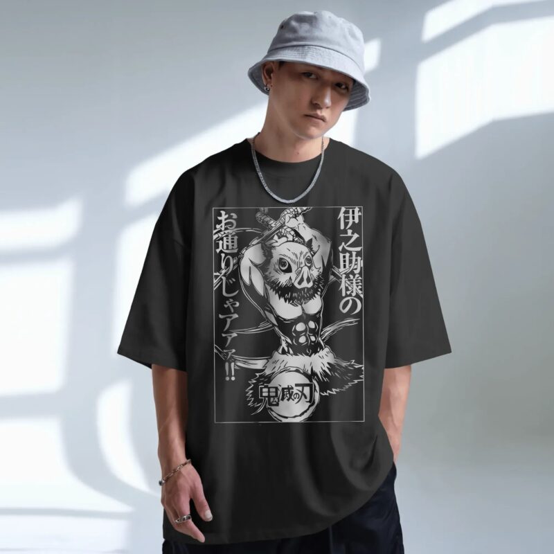 Retro Inosuke Hashibira Demon Slayer Boar Mask Samurai Style Anime T Shirt