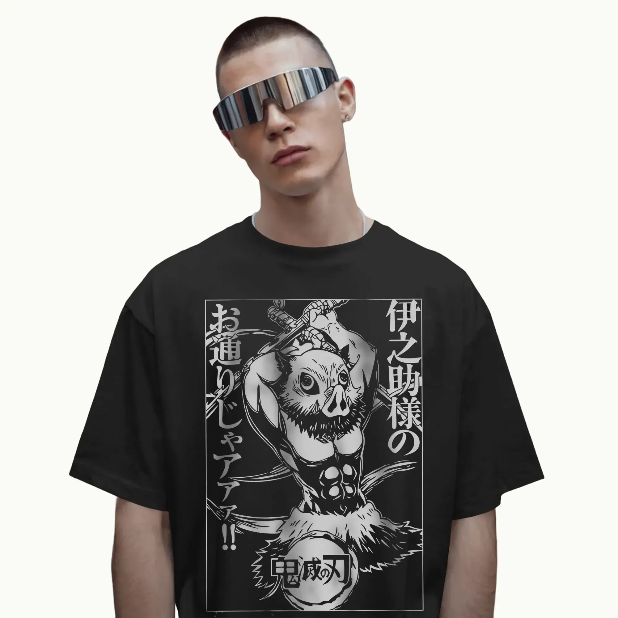 Retro Inosuke Hashibira Demon Slayer Boar Mask Samurai Style Anime T Shirt