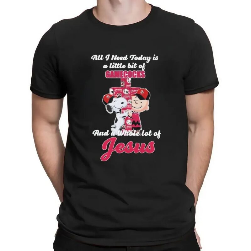 Snoopy And Charlie Brown All I Need Today Is A Little Bit Of South Carolina Gamecocks And A Whole Lot Of Jesus Cross T Shirt