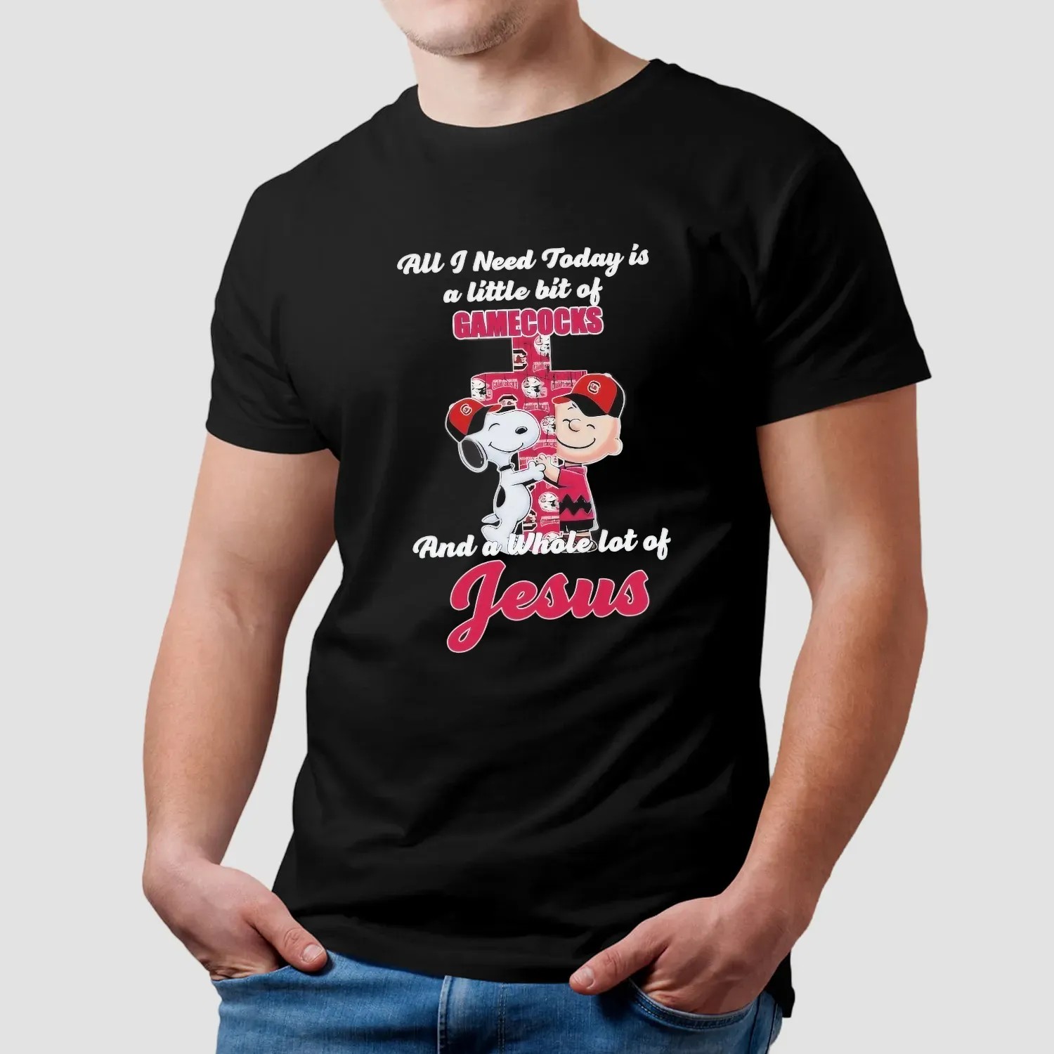 Snoopy And Charlie Brown All I Need Today Is A Little Bit Of South Carolina Gamecocks And A Whole Lot Of Jesus Cross T Shirt