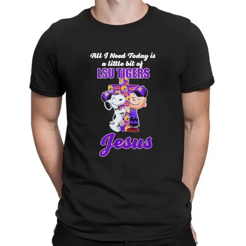 Snoopy And Charlie Brown All I Need Today Is Little Bit Of Lsu Tigers And A Whole Lot Of Jesus Cross T Shirt