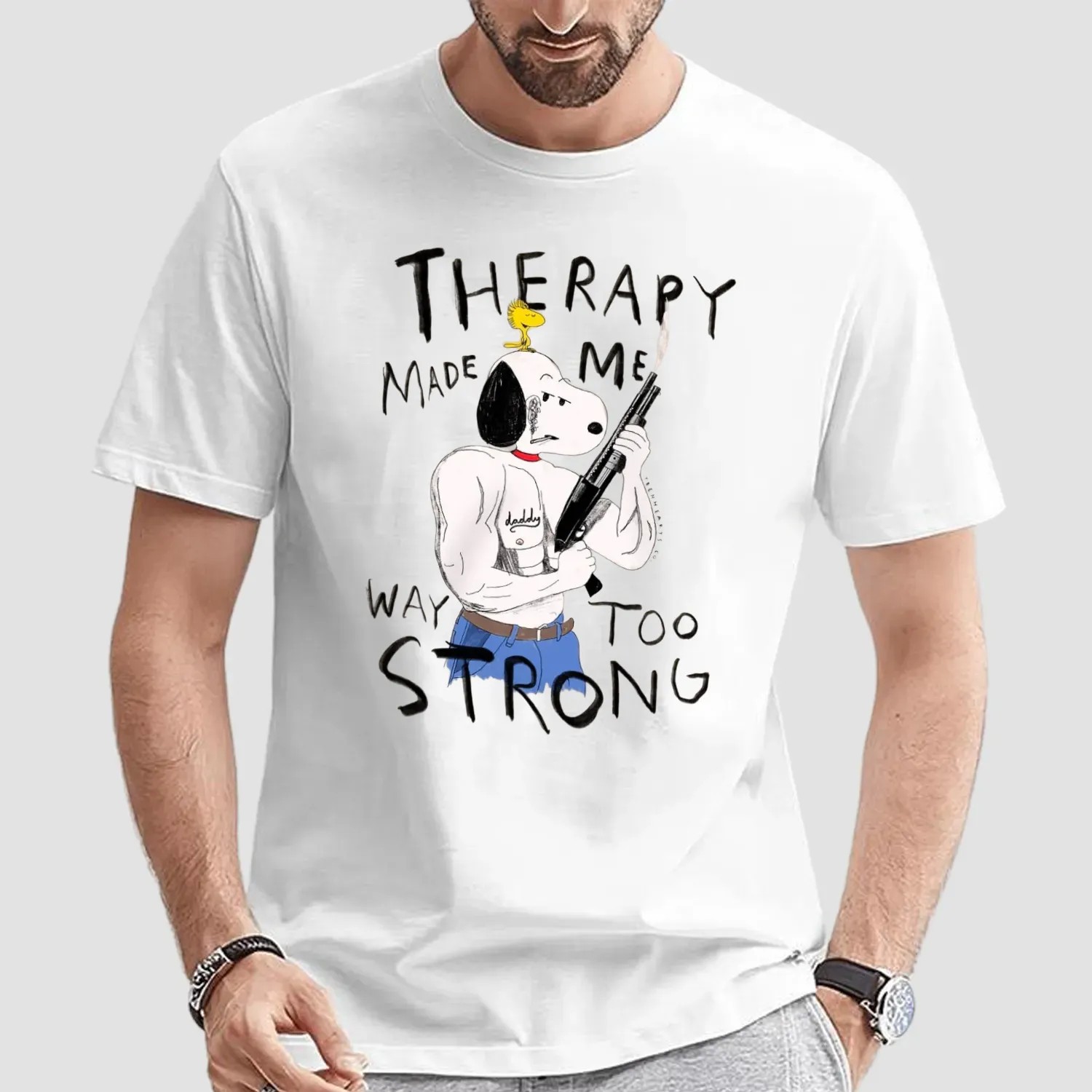 Snoopy And Woodstock Therapy Made Me Way Too Strong Meme T Shirt