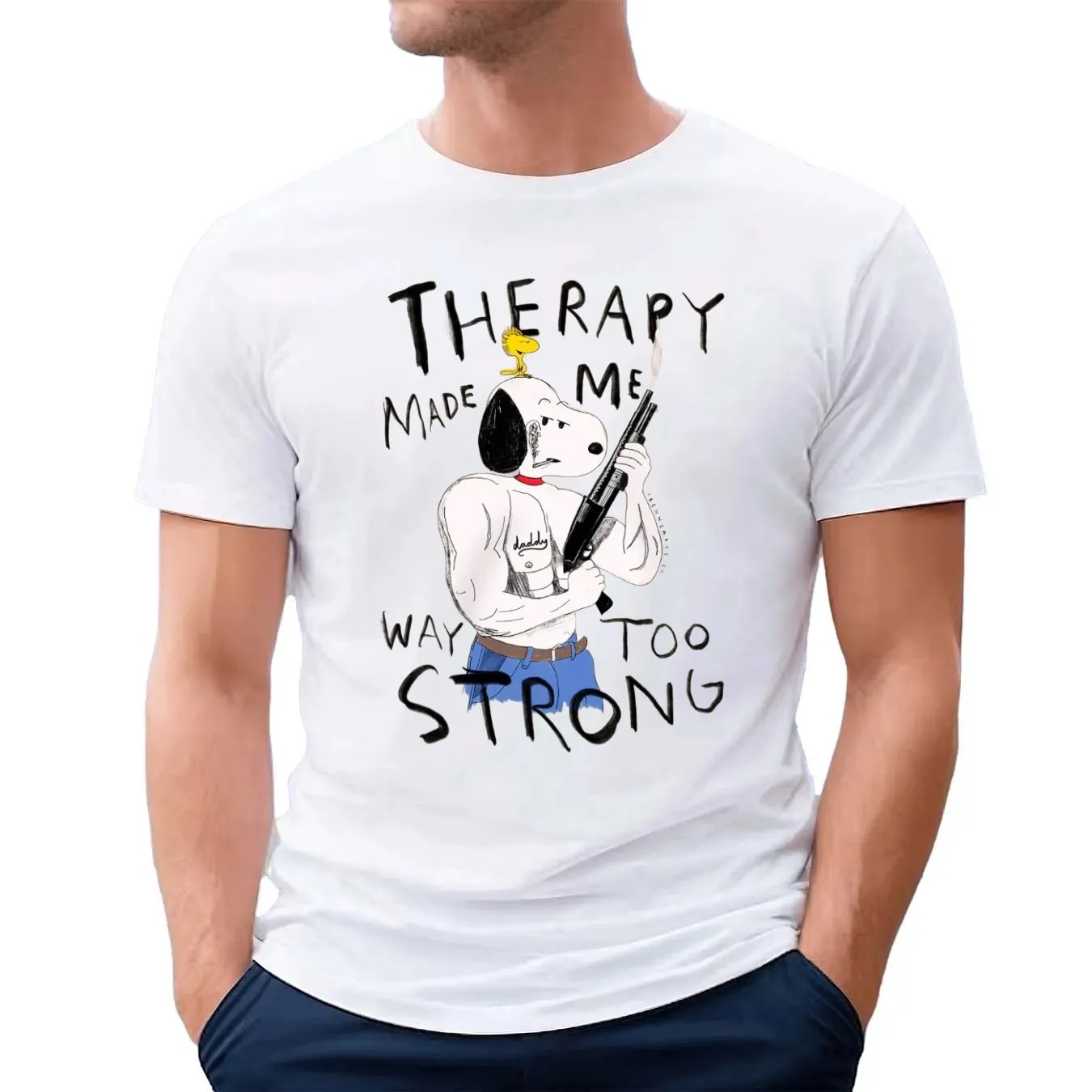 Snoopy And Woodstock Therapy Made Me Way Too Strong Meme T Shirt
