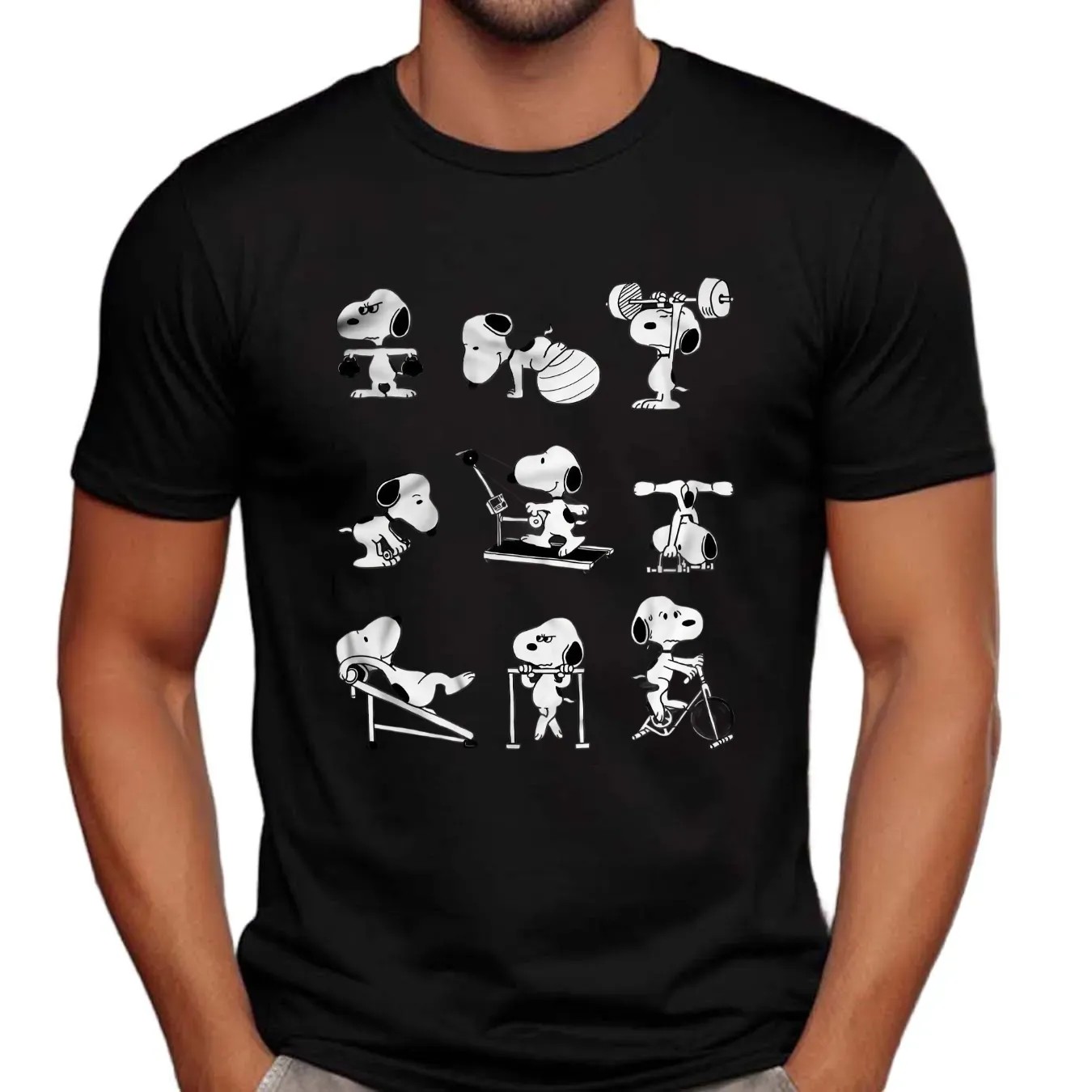 Snoopy Gym Workout Poses Peanuts Cartoon Fitness Graphic T Shirt