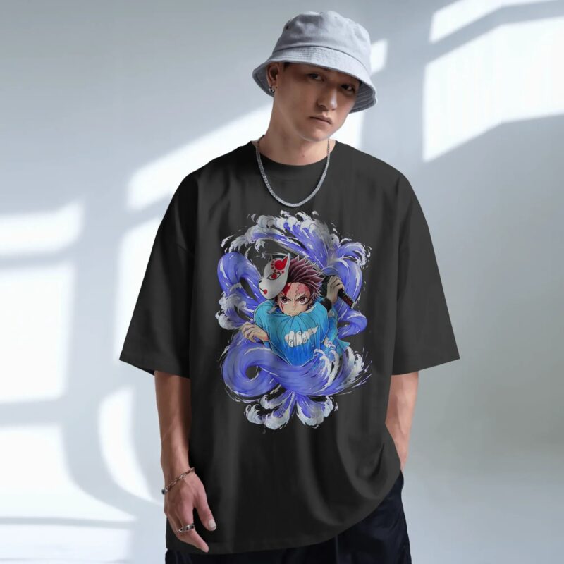 Tanjiro Kamado Demon Slayer Water Breathing Fox Mask Sword Anime T Shirt
