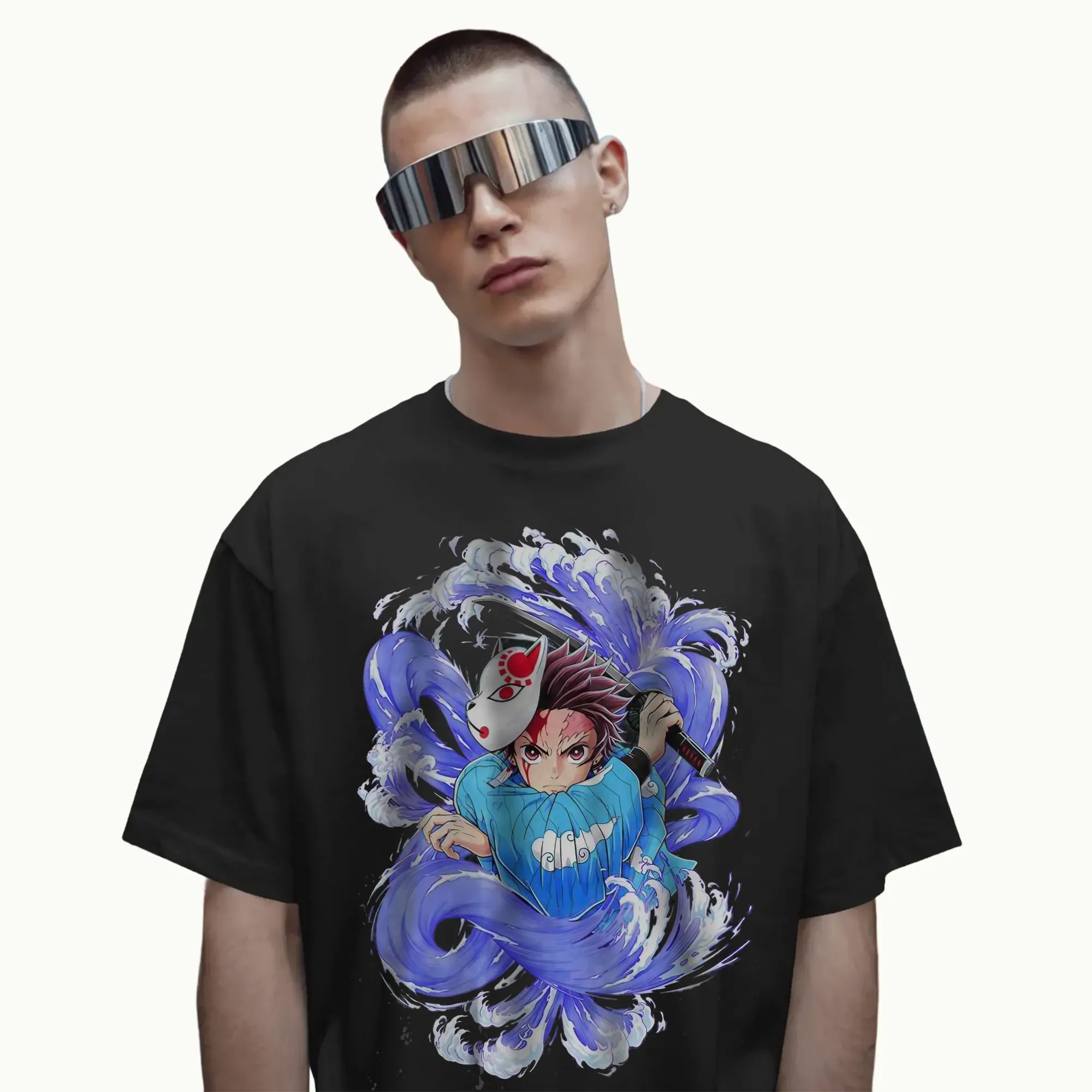 Tanjiro Kamado Demon Slayer Water Breathing Fox Mask Sword Anime T Shirt