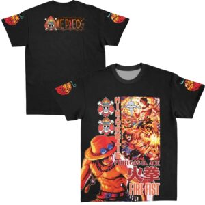 Portgas D Ace V2 Fire Fist One Piece Extra Print - Large Print - Sleeve Print T Shirt