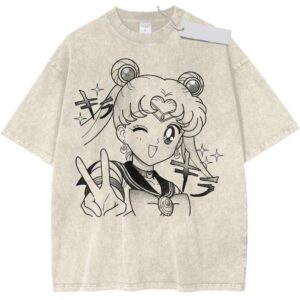 Sailor Moon V Sign Usagi Tsukino Vintage Anime Washed Tee