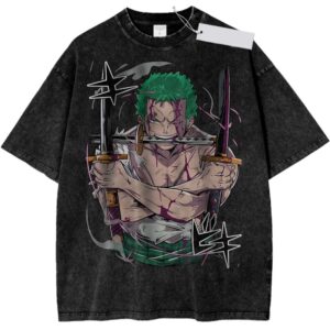 One Piece Roronoa Zoro Anime Vintage Washed T Shirt for Fans