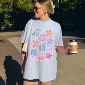 Seashells & Starfish Graphic Tee | Women's Pastel Beach Shirt