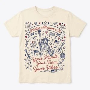 Pledge Allegiance To Your Hands Your Team Your Vibes Graphic Tee Statue of Liberty Music Festival Fandom Shirt