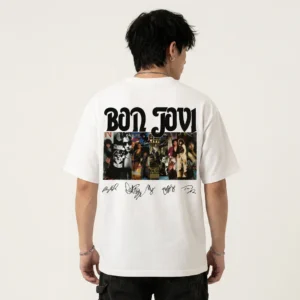 Bon Jovi Band T-Shirt Vintage Collage Graphic Tee with Printed Signatures Classic Rock Concert Merch
