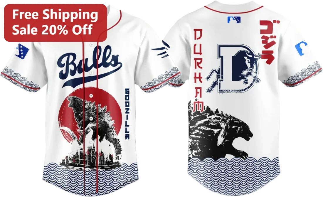 Godzilla Durham Bulls Baseball Jersey Kaiju Movie Monster Japanese Wave Art Gift for Sports Fans available at our Miami, Florida warehouse