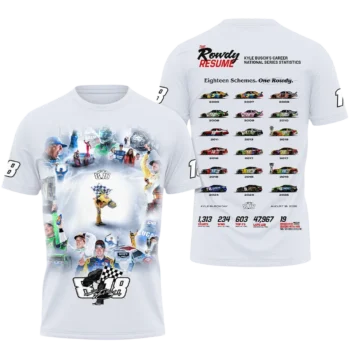 Kyle Busch Rowdy Resume Career Statistics Tee, NASCAR Racing Graphic Shirt available at our Miami, Florida warehouse