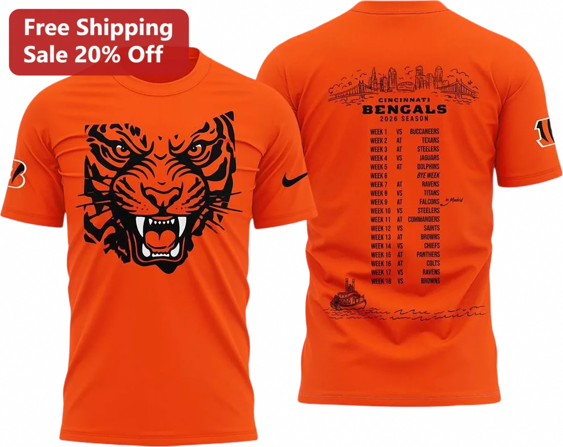 Cincinnati Bengals 2026 Season Schedule Tee Tiger Face Graphic Gift for NFL Football Fans available at our Miami, Florida warehouse