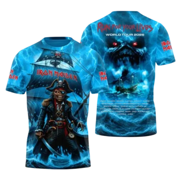 Iron Maiden Run For Your Lives World Tour 2026 Pirate Eddie All Over Print Concert Tee available at our Miami, Florida warehouse