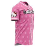 Hello Kitty Baseball Jersey Pink Polka Dot Sanrio Button Up Shirt for Fans on a hanger, ready to ship from Miami, Florida
