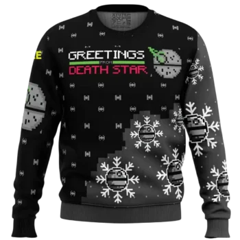 Greetings From Death Star Sweater Retro Pixel Art Ugly Christmas Holiday Sweatshirt for Fans available at our Miami, Florida warehouse