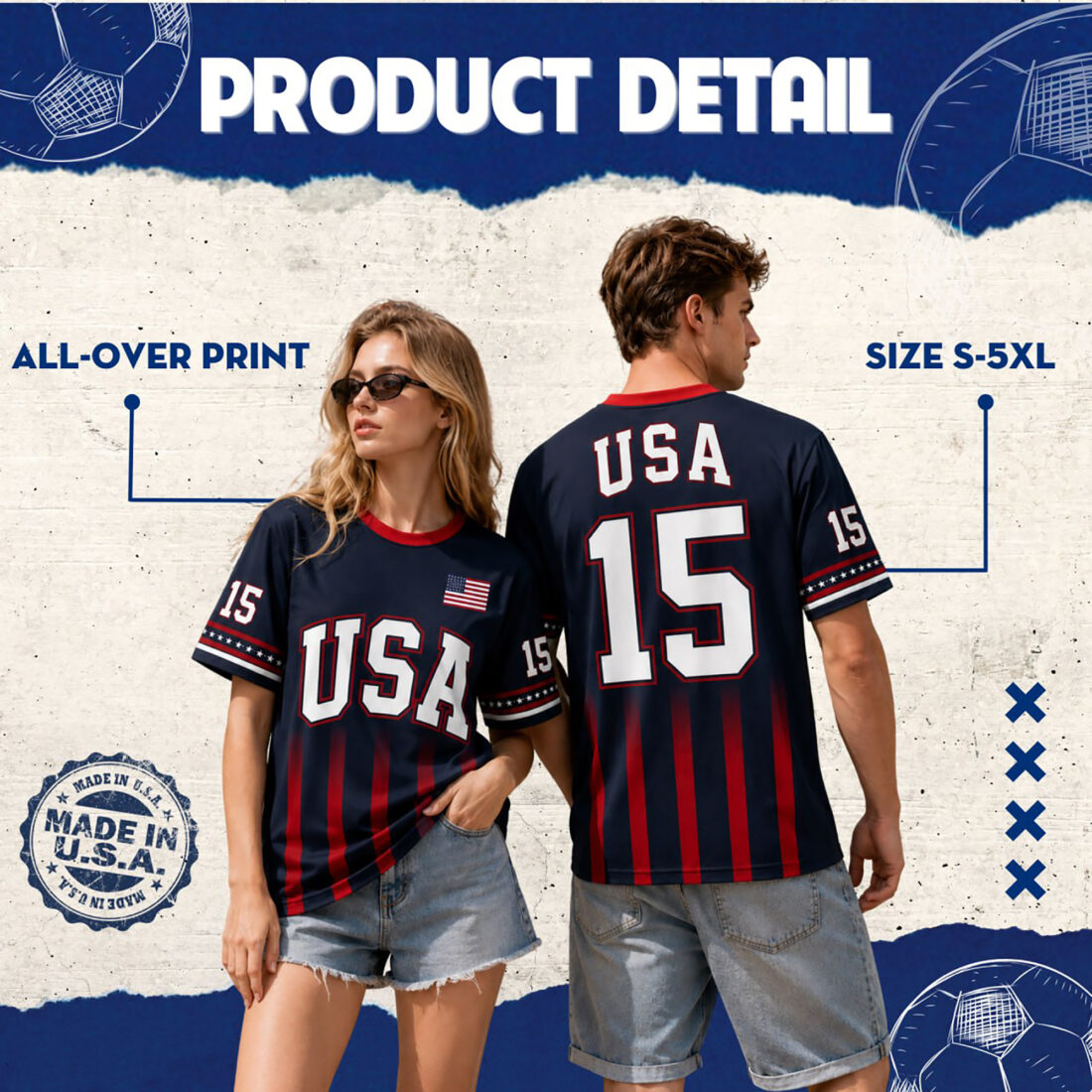 USA 15 Soccer Tee Patriotic Team USA Jersey Style Shirt for Men Women 4th of July Gift available at our Miami, Florida warehouse