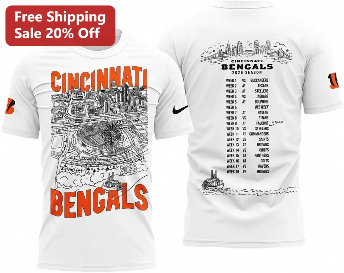 Cincinnati Bengals 2026 Season Who Dey Schedule Tee, Cincinnati Skyline NFL Football Fan Shirt Gift available at our Miami, Florida warehouse