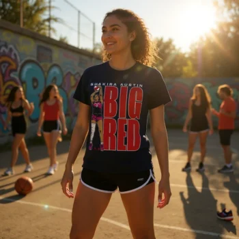 Shakira Austin Big Red Tee Basketball Graphic Shirt for Fans available at our Miami, Florida warehouse