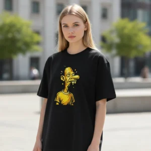 Gold Cartoon Character Caricature Tee Retro Urban Streetwear Graphic Shirt for Men and Women