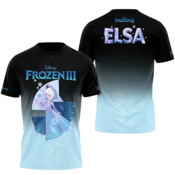 Frozen 3 Elsa Graphic Tee, Snow Queen Disney Princess All Over Print Ombre Shirt for Fans available at our Miami, Florida warehouse