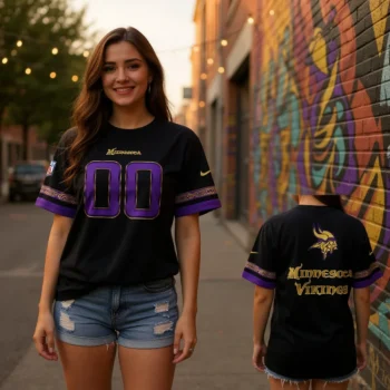 Minnesota Vikings Football Jersey Tee, Black and Purple Game Day Fan Shirt available at our Miami, Florida warehouse