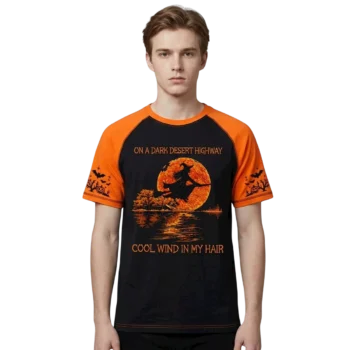 On a Dark Desert Highway Cool Wind in My Hair Tee, Spooky Flying Witch Moon Graphic Raglan T-Shirt f available at our Miami, Florida warehouse