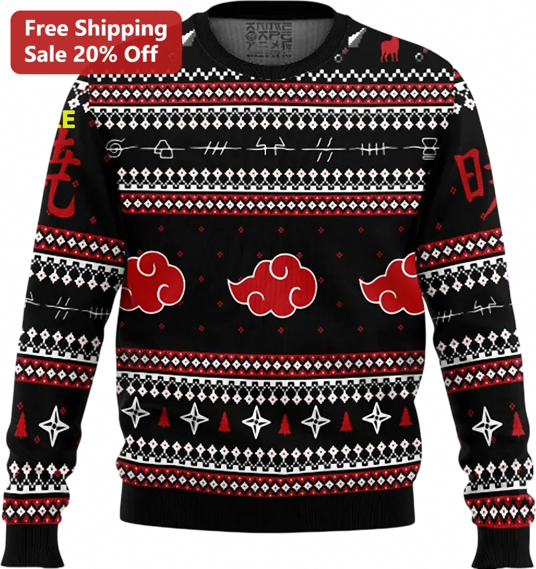 Akatsuki Sweatshirt Naruto Anime Ugly Christmas Sweater Style Red Cloud Pattern Gift for Anime Fans available at our Miami, Florida warehouse