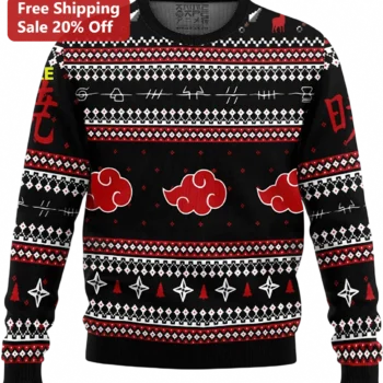 Akatsuki Sweatshirt Naruto Anime Ugly Christmas Sweater Style Red Cloud Pattern Gift for Anime Fans available at our Miami, Florida warehouse