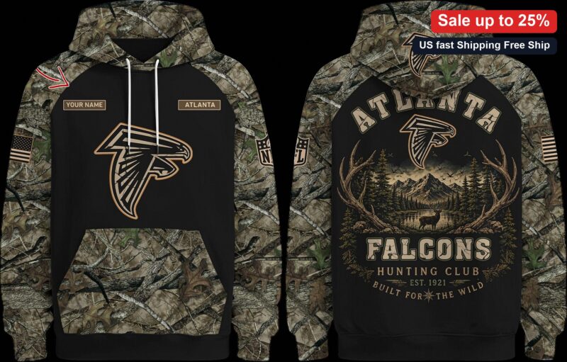 Atlanta Falcons Hunting Club Built for the Wild Camo Hoodie, Personalized Football Fan Outdoor Gift available at our Miami, Florida warehouse