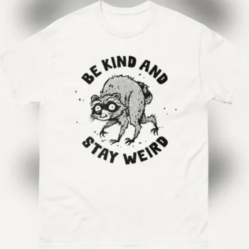 Be Kind And Stay Weird Raccoon Graphic Tee, Funny Quirky Positivity Slogan Shirt, Cute Animal Lover Gift