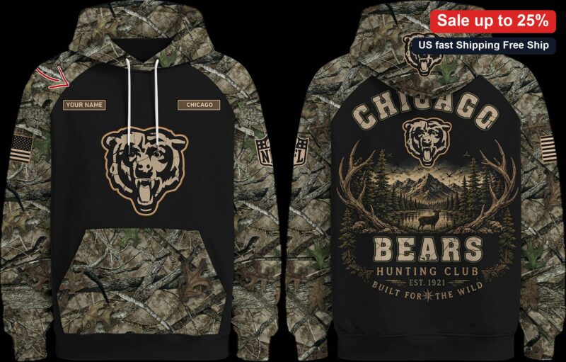 Bears Hunting Club Est 1921 Built For The Wild Hoodie, Chicago Football Camo Personalized Sweatshirt available at our Miami, Florida warehouse