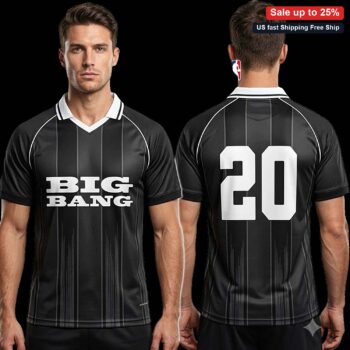 Big Bang 20 Athletic Jersey Tee, Sporty Pinstripe Number 20 Graphic V-Neck Shirt for Sports Fans and available at our Miami, Florida warehouse