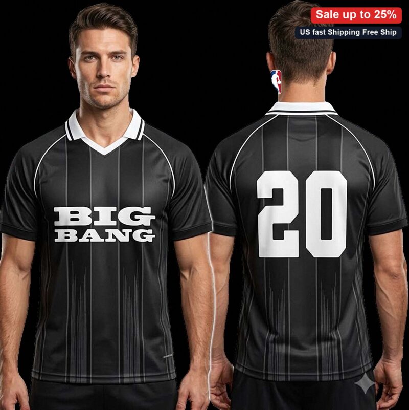 Big Bang 20 Athletic Jersey Tee, Sporty Pinstripe Number 20 Graphic V-Neck Shirt for Sports Fans and available at our Miami, Florida warehouse