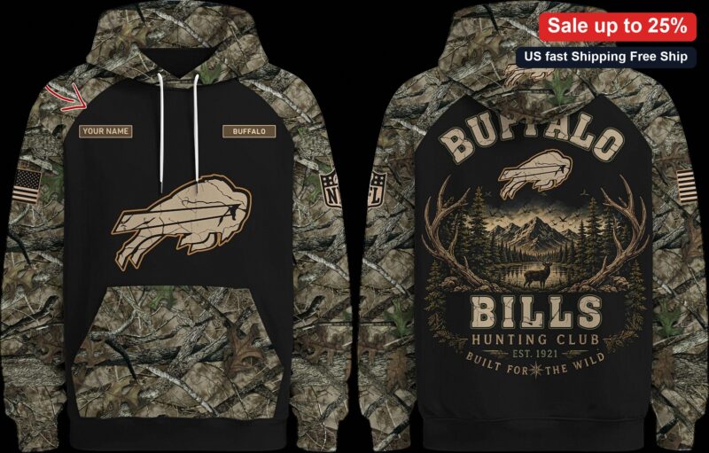 Buffalo Bills Hunting Club Built For The Wild Hoodie, Personalized Camo Deer Hunter Sweatshirt Gift available at our Miami, Florida warehouse