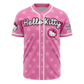 Hello Kitty Baseball Jersey Pink Polka Dot Sanrio Button Up Shirt for Fans available at our Miami, Florida warehouse