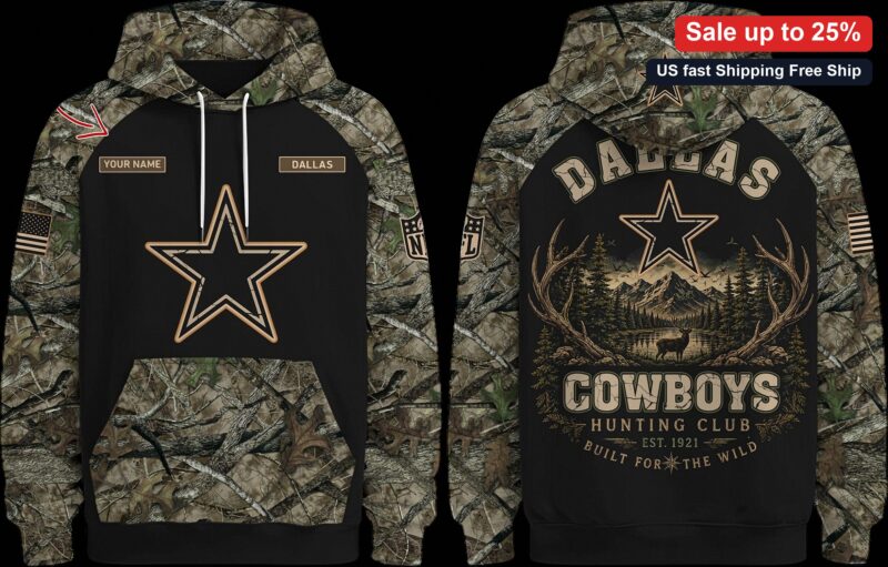 Cowboys Hunting Club Est. 1921 Built for the Wild Hoodie, Custom Name Camo Deer Sweatshirt for Men a available at our Miami, Florida warehouse