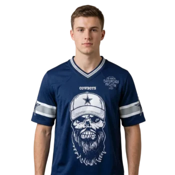 Cowboys Saturday Night Beard Skull V-Neck Tee, Dallas Football Game Day Jersey Shirt for Men available at our Miami, Florida warehouse