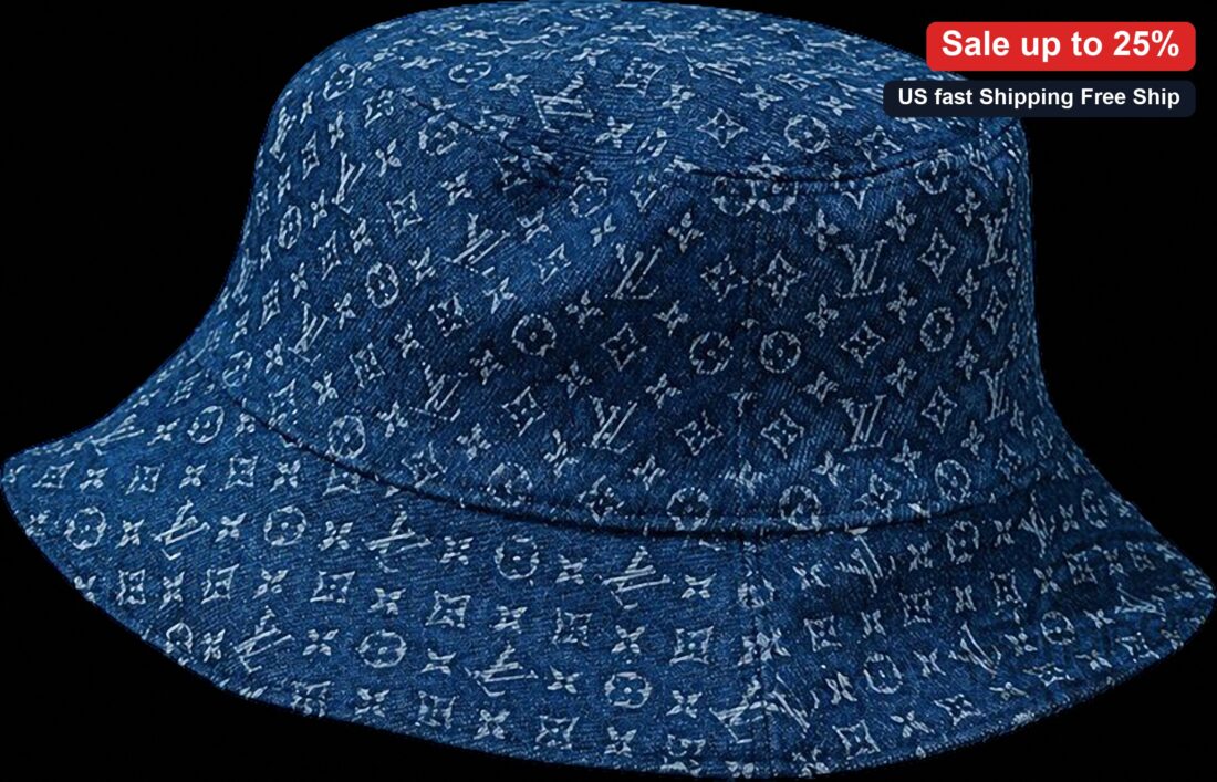 Denim Monogram Bucket Hat, Vintage Blue Streetwear Sun Hat, Distressed Pattern Summer Accessory available at our Miami, Florida warehouse