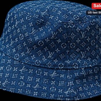 Denim Monogram Bucket Hat, Vintage Blue Streetwear Sun Hat, Distressed Pattern Summer Accessory available at our Miami, Florida warehouse