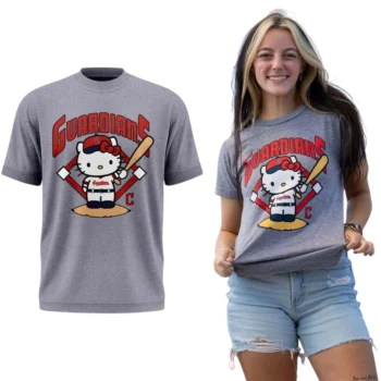Hello Kitty Cleveland Guardians Baseball Graphic Tee, Cute Sports Fan T-Shirt available at our Miami, Florida warehouse
