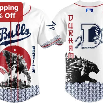 Godzilla Durham Bulls Baseball Jersey Kaiju Movie Monster Japanese Wave Art Gift for Sports Fans available at our Miami, Florida warehouse