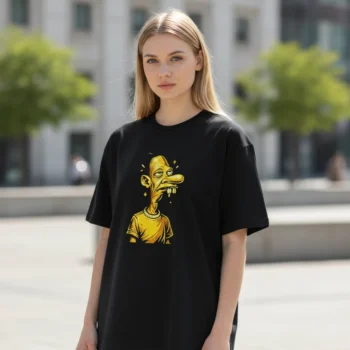 Gold Cartoon Character Caricature Tee Retro Urban Streetwear Graphic Shirt for Men and Women