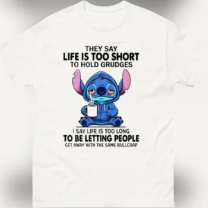 Grumpy Stitch Life Is Too Short To Hold Grudges Tee, Sarcastic Coffee Quote Funny Graphic Shirt