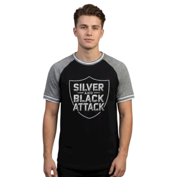 Silver and Black Attack Tee Vintage Football Fan Raglan Graphic Shirt for Men available at our Miami, Florida warehouse